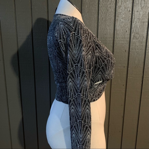 Divided Black And Silver Shimmery Wrap Crop Top - Picture 3 of 6